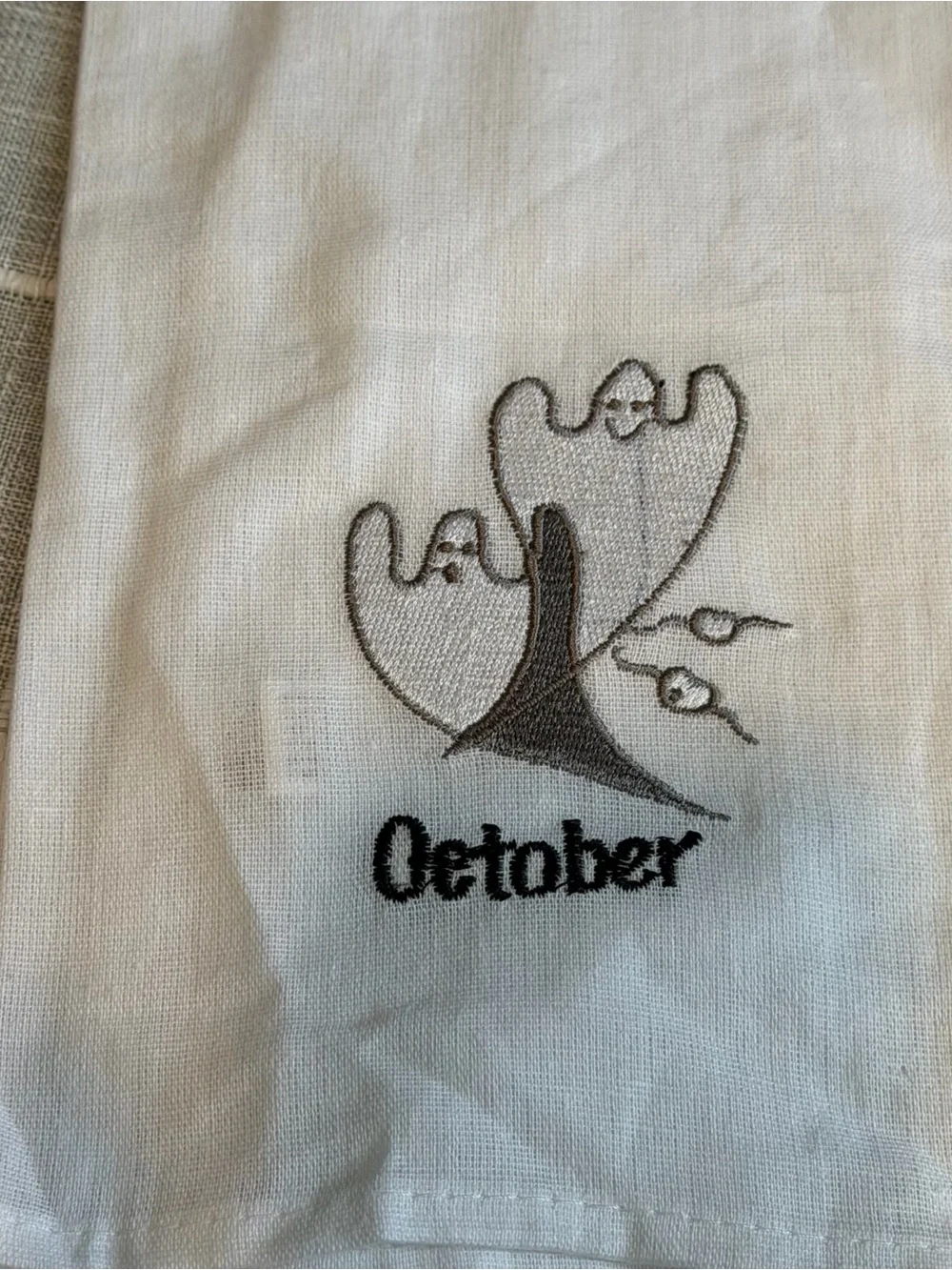 NWOT Cotton October Halloween Ghost  Goblin Tea Kitchen Towel Embroidered White